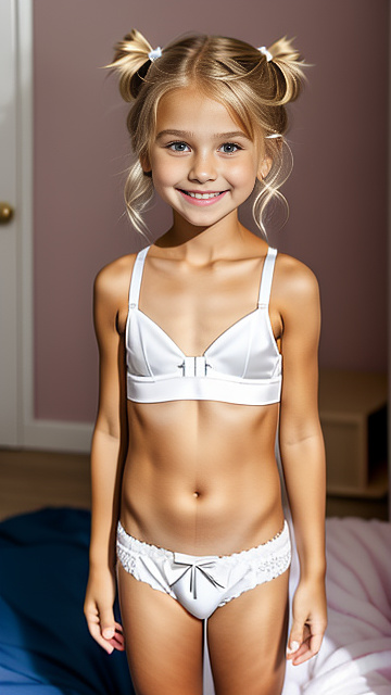 White, blonde, very cute, flat chest, girl 6 years old, skimpy bra , skimpy underwear , smiling, bedroom, standing next to uncle, both shown in picture, in custom style