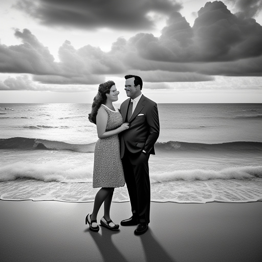 Nostalgic couple in a beach, cloudy day in bw photo style