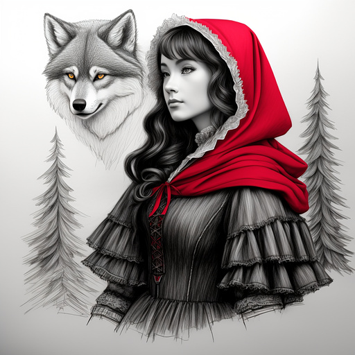 Little red riding hood
with an anthropomorphic wolf man in pancil style
