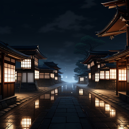 Night, dark, lanterns are shining, a quiet empty street in the style of the city of suzdal, shops, fog, buildings, november, trees, bushes, detailed drawing, cozy, atmospheric in anime style
