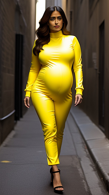 Pregnant, salma hayek, yellow catsuit, alleyway in custom style