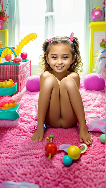 A 7-year-old girl lies naked on a bed and masturbates. in kids painted style