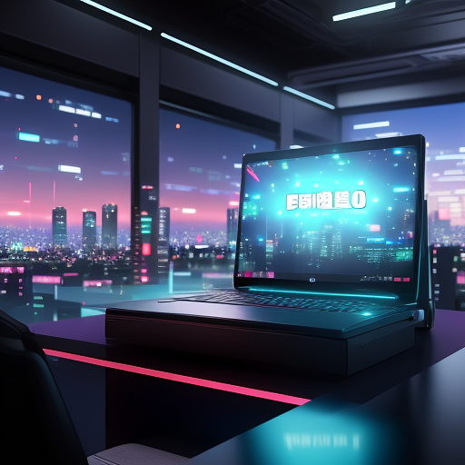 A futuristic laptop pc with 18 display on a office table in a skyline office room background in blur and cyberpunk look  in anime style