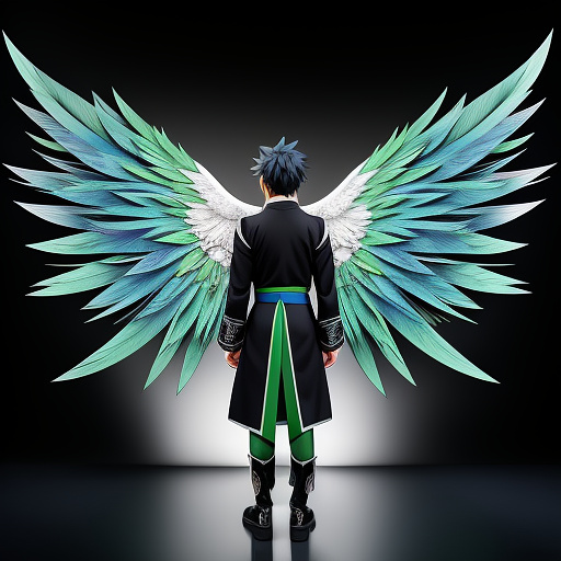 Man with wings that have blue, green, and grey feathers wearing a black and lime green chestplate in anime style