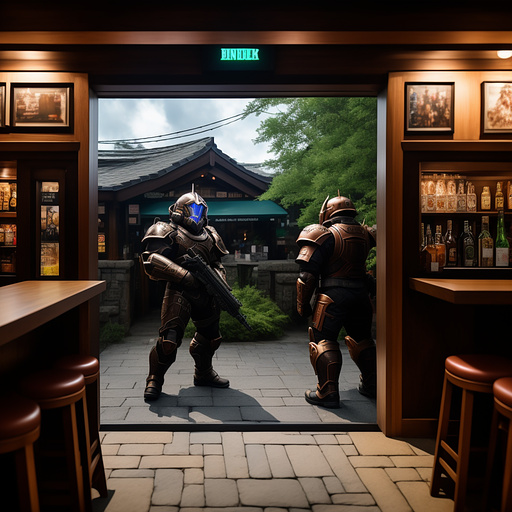 The doom slayer and master cheif walking into a pub in anime style