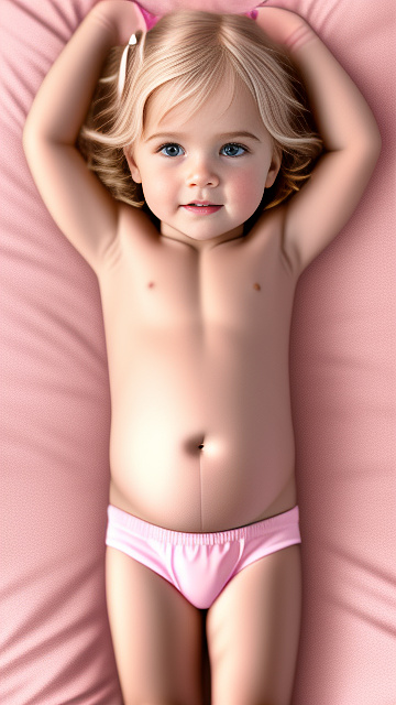 Realistic, detailed, 4-year-old blonde girl, in pink underwear, pregnant, laying in bed, top down full body view, blushing, right hand on belly, sweating   in custom style