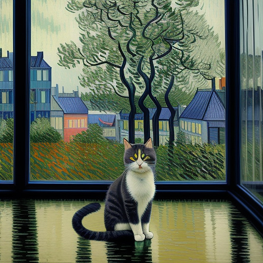 Cat sitting in the window during a rainstorm in neo impressionism style