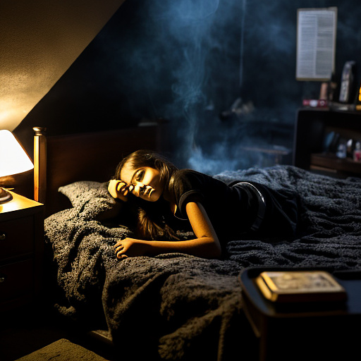 The room is dark, smoky and a mess, the bed is broken. there is an ashtray with an outstanding cigarette on the table. a 13-year-old girl is lying on a bed and crying. in custom style