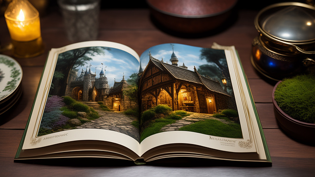 An elaborate storybook sitting on a table in a warm medieval kitchen in fantasy style
