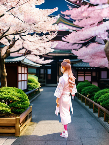 Anime style, high quality, full body illustration of a beautiful young adult chinese woman standing in a cherry blossom garden, long blonde hair, green eyes, light blush, soft gentle expression, wearing a traditional pink bridal kimono with floral patterns and a coordinating obi belt, long flowing sleeves, white tabi socks and traditional sandals, elegant and modest pose, detailed background with cherry blossoms and lanterns, soft lighting, pastel color palette, crisp detailed anime art
 in anime style