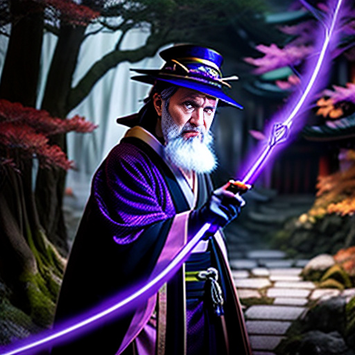 Old druid holding glowing purple staff. evil. in anime style