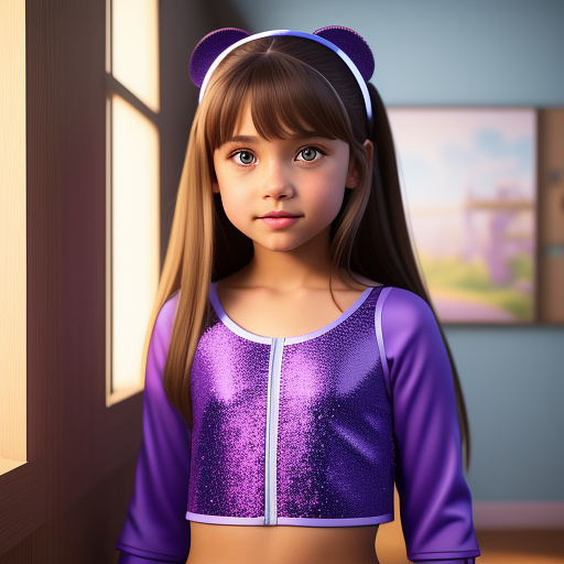 A seven year old girl, with very light brown straight medium length hair, dark brown eyes, and is wearing a cute light blue and purple dance outfit in disney 3d style