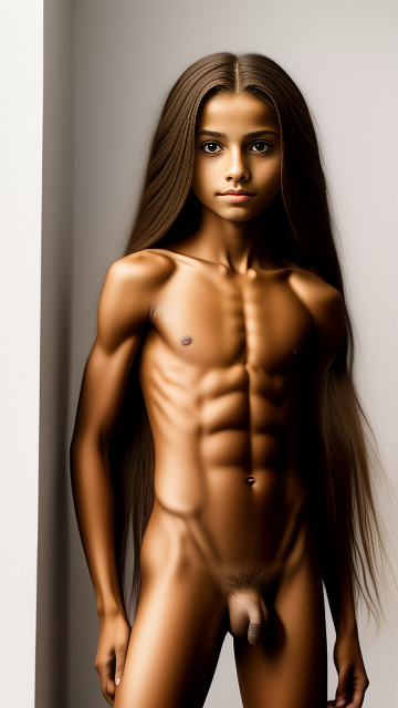 Skinny, lean, muscular, naked, 10 year old girl, latin, long hair, spread legs, huge penis, full body in custom style