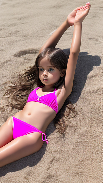 Realistic, detailed, 6-year-old girl, long brown hair, full-body, small tight pink string-bikini, laying on the beach, used condom on the floor between her legs, legs raised legs apart in custom style