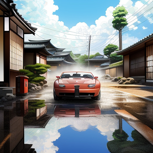 A man washes his car parked along a sidewalk. in anime style