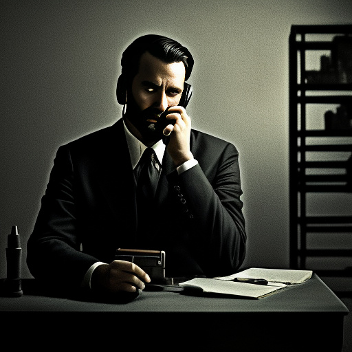In a dark room, there is a telephone and a gun on the table. a man is sitting on a chair, and he is dead. in custom style