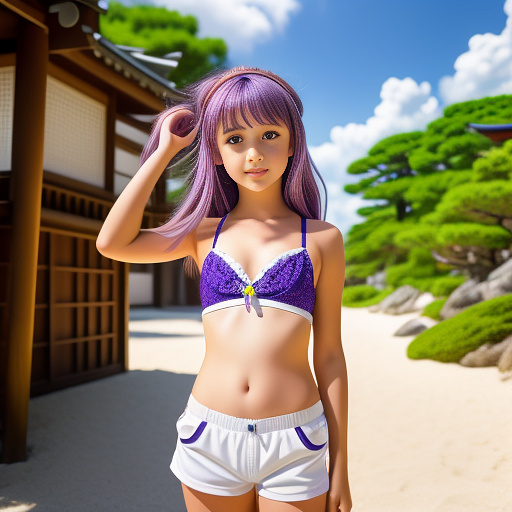 Little young girl in camera, whit shorts pants and swim bra, curbing her body. 
purple hair and her hands up for tie the hair.
in a beach

 in anime style