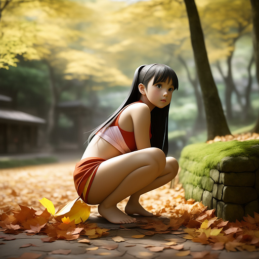 Girl crouching in the middle of picking up a yellow leaf, barefoot, looking at camera, minimum shadows in anime style