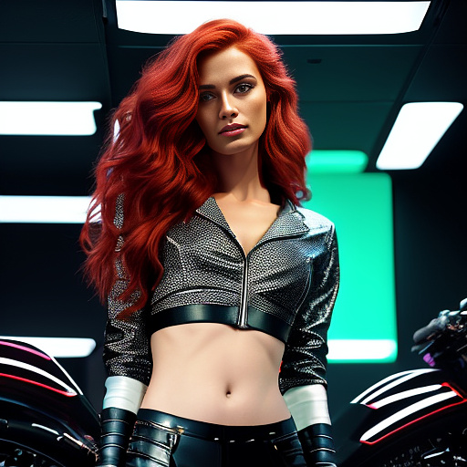 Style_cluster_450, a human female with long, wavy red hair past her shoulders, wearing a tiny black bra that covers her breasts and shiny red leather pants, sits on the black seat of a motorcycle. she is fully bent forward at the waist, holding the silver handlebars with both hands. her full hips face the viewer, evenly filling the screen. she turns her head over her right shoulder, looking directly at the viewer with a slight smile. colorful neon lights in shades of blue, pink, and green, along with bright white spotlights, reflect on her face, hair, and the motorcycle's chrome details.
close-up. in bw photo style