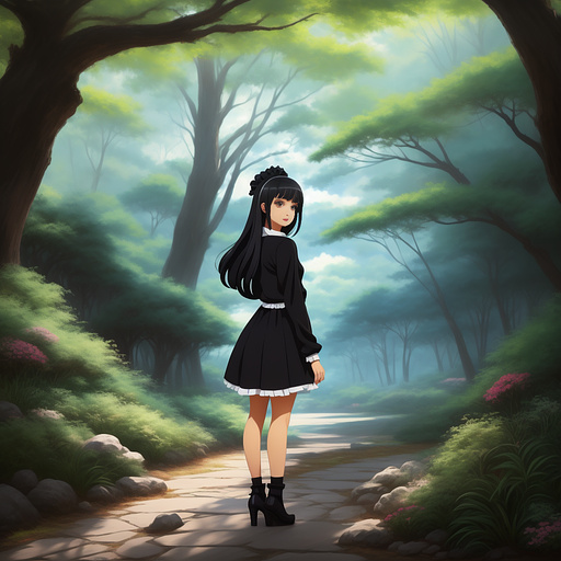 Una chica con un vestido negro y un lazo blanco en el vestido con el pelo negro y largo, medias de rayas negras y blancas, zapatos negros y una barita en la mano en un bosque in anime style