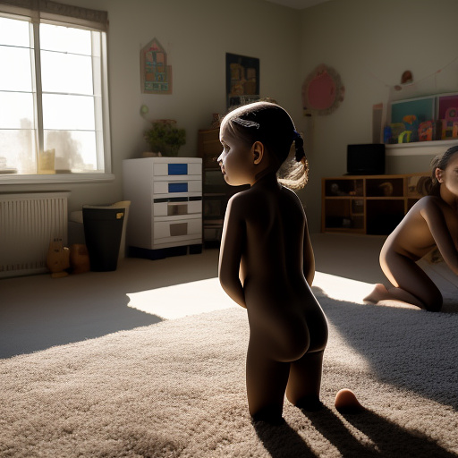 Ultra realistically a 9 year old girl naked in the living room and a 40 year old man naked in custom style