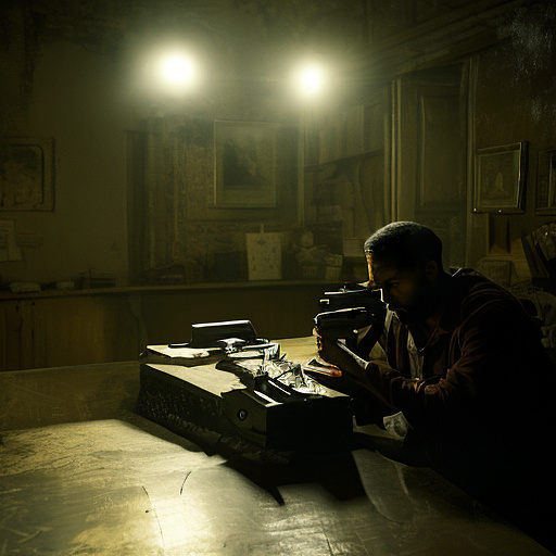 In a dark room, there is a telephone and a gun on the table. a man is sitting on a chair, and he is dead. in custom style