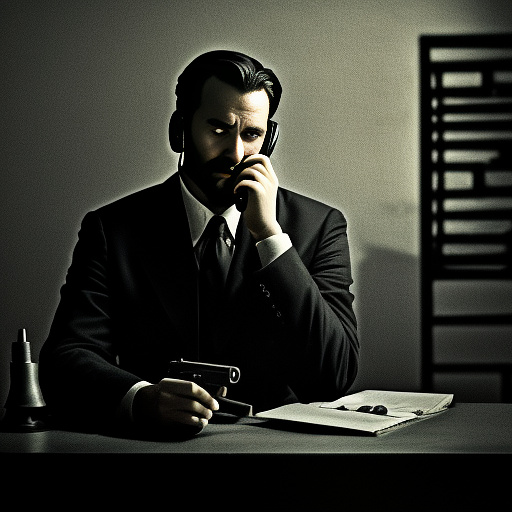 In a dark room, there is a telephone and a gun on the table. a man is sitting on a chair, and he is dead. in custom style
