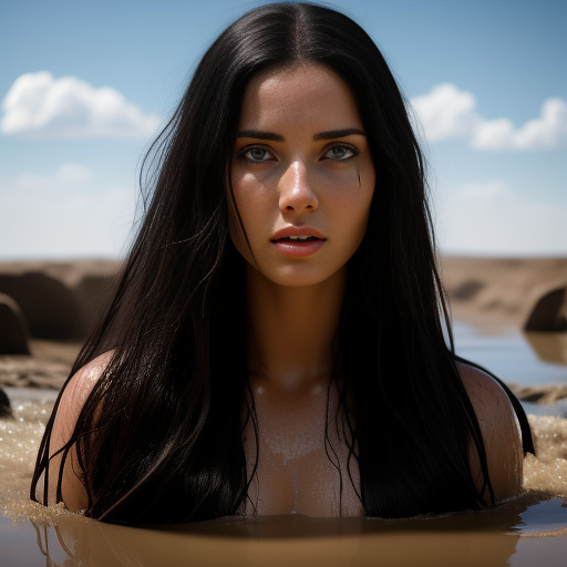 A beautiful woman with pale skin and long straight black hair  submerged chest deep in mud. she is disgusted and crying. in egypt style