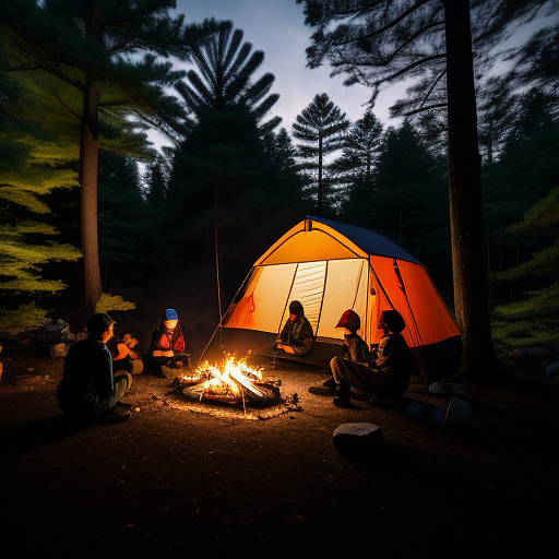 Four campers around a campfire in the forest at night, bigfoot snarling at them hidden by the trees in anime style