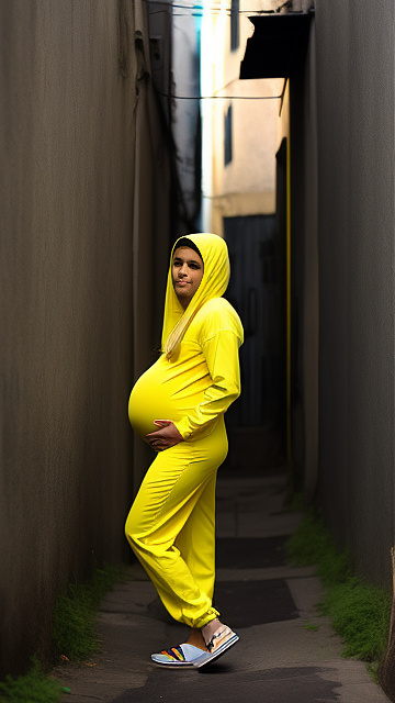 Pregnant male, pedophile, yellow jumpsuit, alleyway,  in custom style
