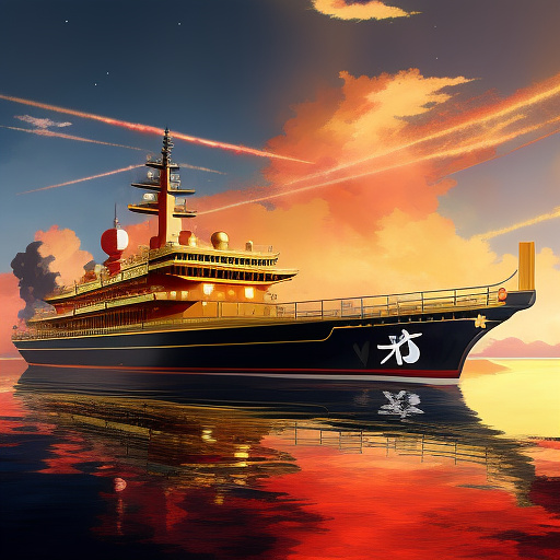 A golden ship with red flags blaster  in anime style

 in anime style