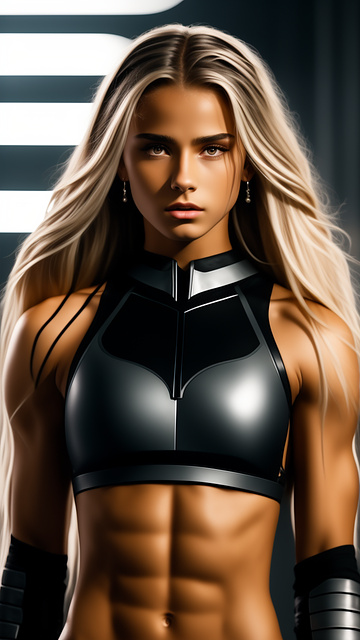 14 year old athletic atractive girl with abs, small chest and extreme extreme long blond hair in extreme less covering, futuristic dark metallic amor breastplate, that doesn't covers her abs amor slimmer and earrings neon color grading
 in custom style