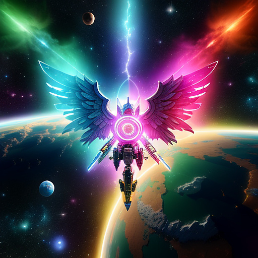 A cheerful transformer flies through space against the backdrop of planets. in angelcore style