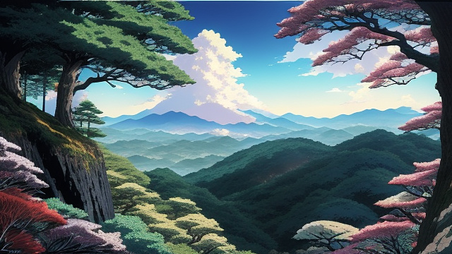 Forest on top of a cliff at a dark night and a moon in the front. point of view at the edge of the cliff in anime style