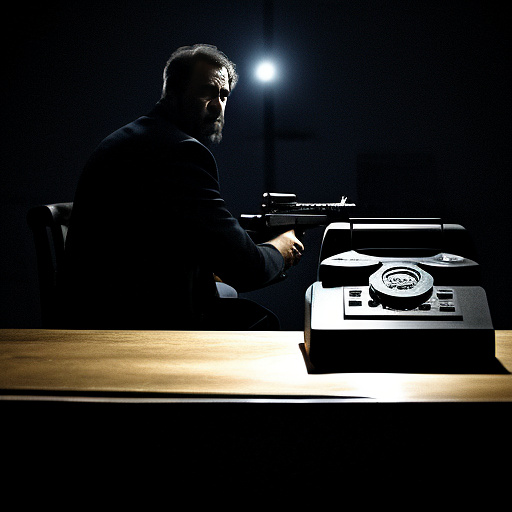 In a dark room, there is a telephone and a gun on the table. a man is sitting on a chair, and he is dead. in custom style