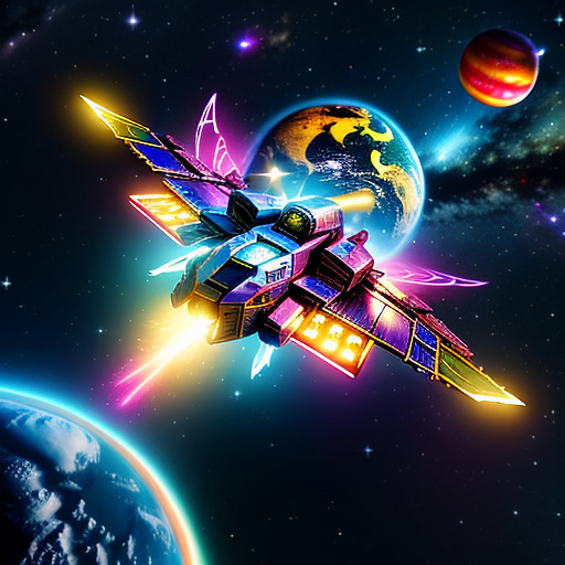 A cheerful transformer flies through space against the backdrop of planets. in angelcore style