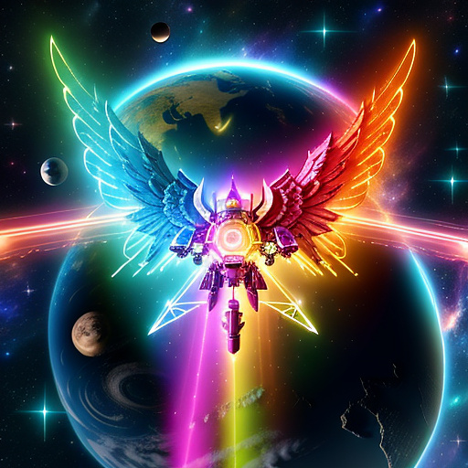 A cheerful transformer flies through space against the backdrop of planets. in angelcore style