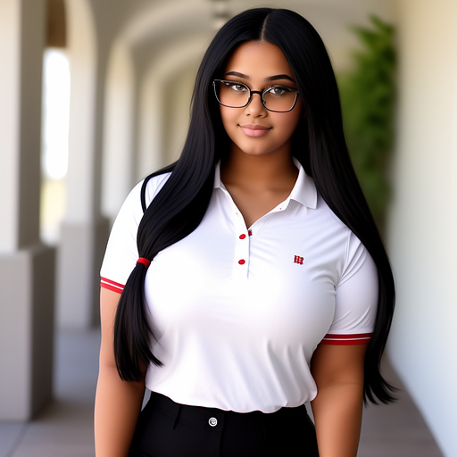 18 year old huge thick curvy bbw white girl black long hair behind head  and in 5 buttons tipped red polo shirt and clear glasses 
 in custom style