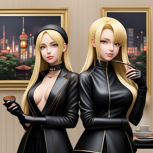 Two blonde ladies smoking luxury cigarettes in a cafe wearing leather gloves  in anime style