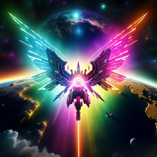 A cheerful transformer flies through space against the backdrop of planets. in angelcore style