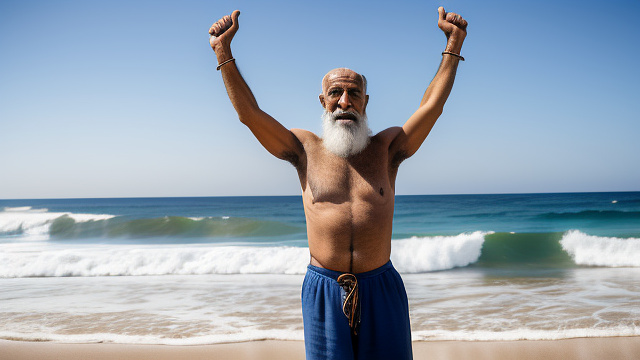Older middle eastern man lifting his hands high with a staff in his hands, ocean partingon either side of him, 4k, he's facing the sea in custom style