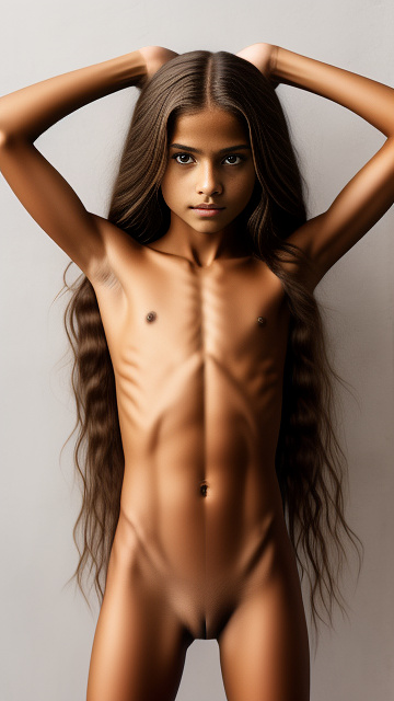 Skinny, lean, muscular, naked, 10 year old girl, latin, long hair, spread legs, hands up, hands tied up, no bottom, no slip in custom style