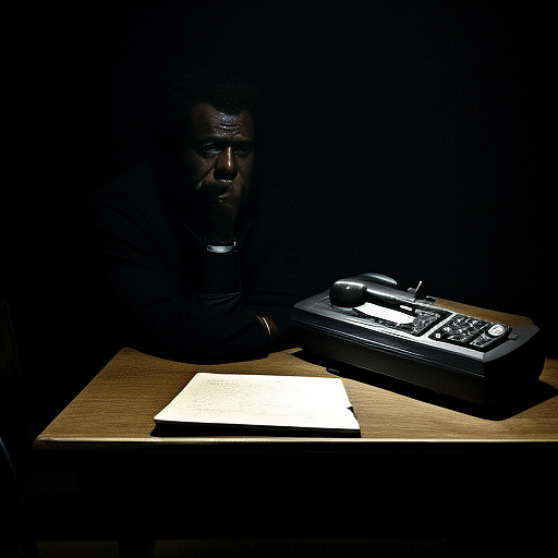In a dark room, there is a telephone and a gun on the table. a man is sitting on a chair, and he is dead. in custom style