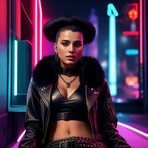 Turkish girl, black leather jacket with big fur collar, skirt, sits on fur covered throne  in cyberpunk style