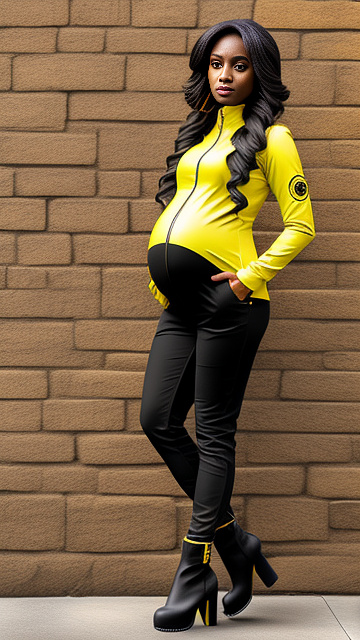 Realistic, detailed, pregnant, black, yellow jumpsuit, yellow boots, in custom style