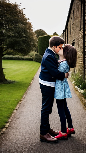 A romantic moment between childhood couple in england. the 11-year-old boy is kissing his hot sexy girlfriend, wearing her hot modern british clothes.  in custom style