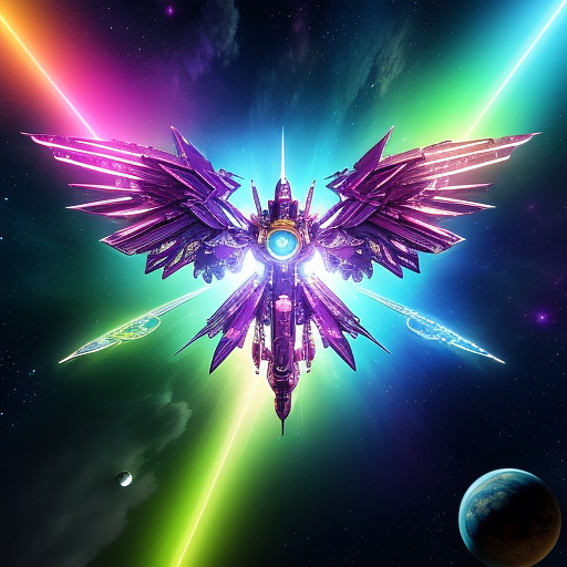 A cheerful transformer flies through space against the backdrop of planets. in angelcore style