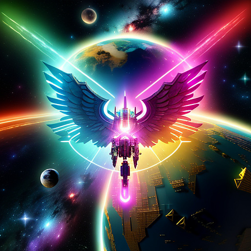 A cheerful transformer flies through space against the backdrop of planets. in angelcore style