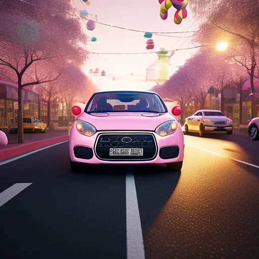 Realistic cute baby having pink dress, is smiling on ree color dog while crossing a car neayby road in kids painted style