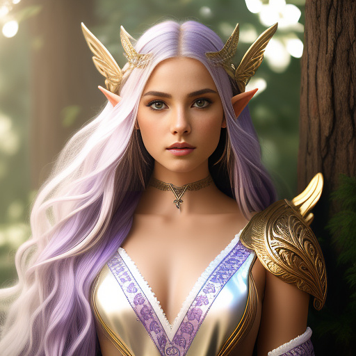 Portrait of a beautiful young elf woman with pointy ears and long blonde hair and purple eyes. she wears an ornamented white dress. in angelcore style